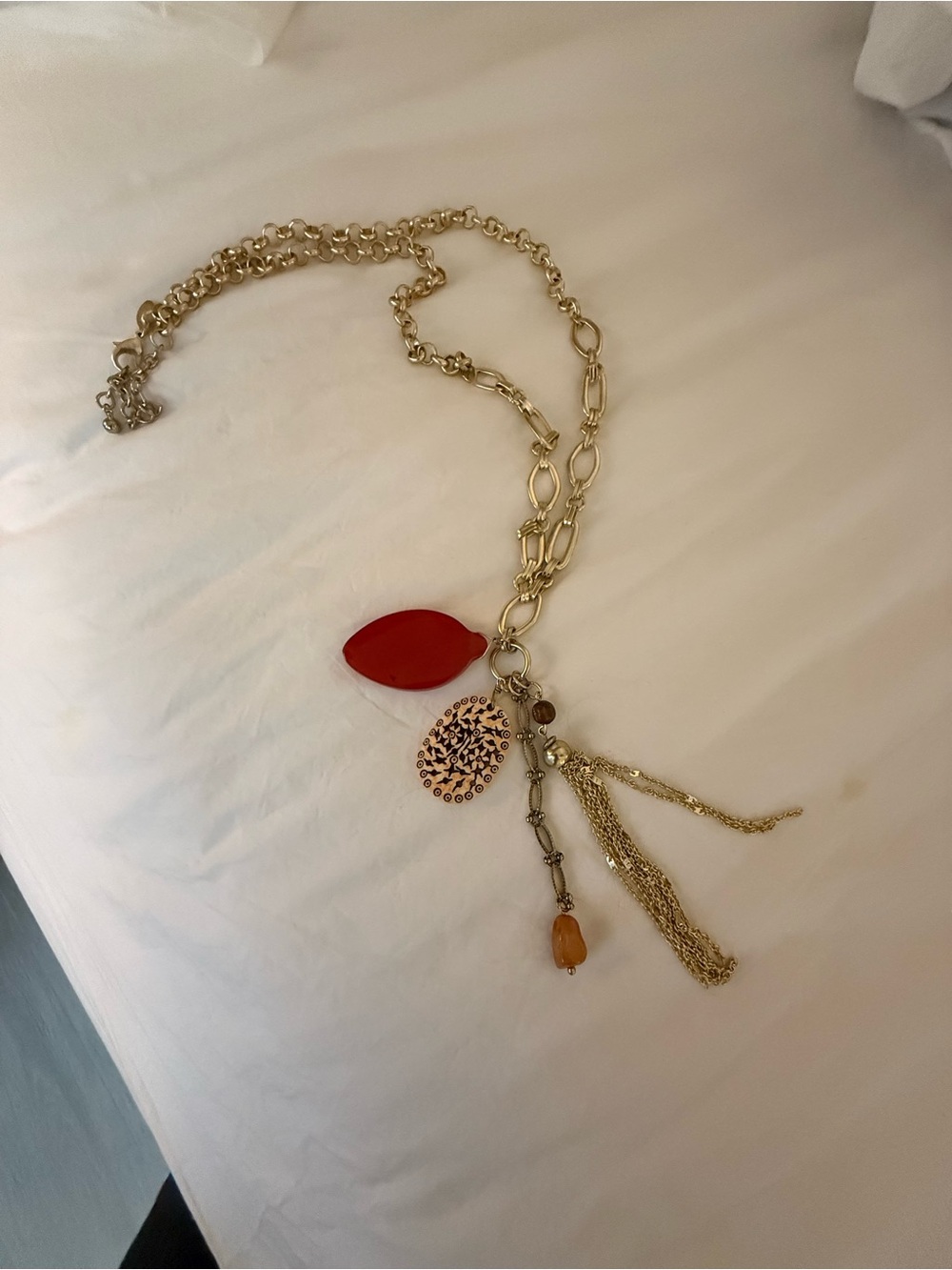 Chico's Gold-Tone Necklace with Red Leaf and Amber Accents